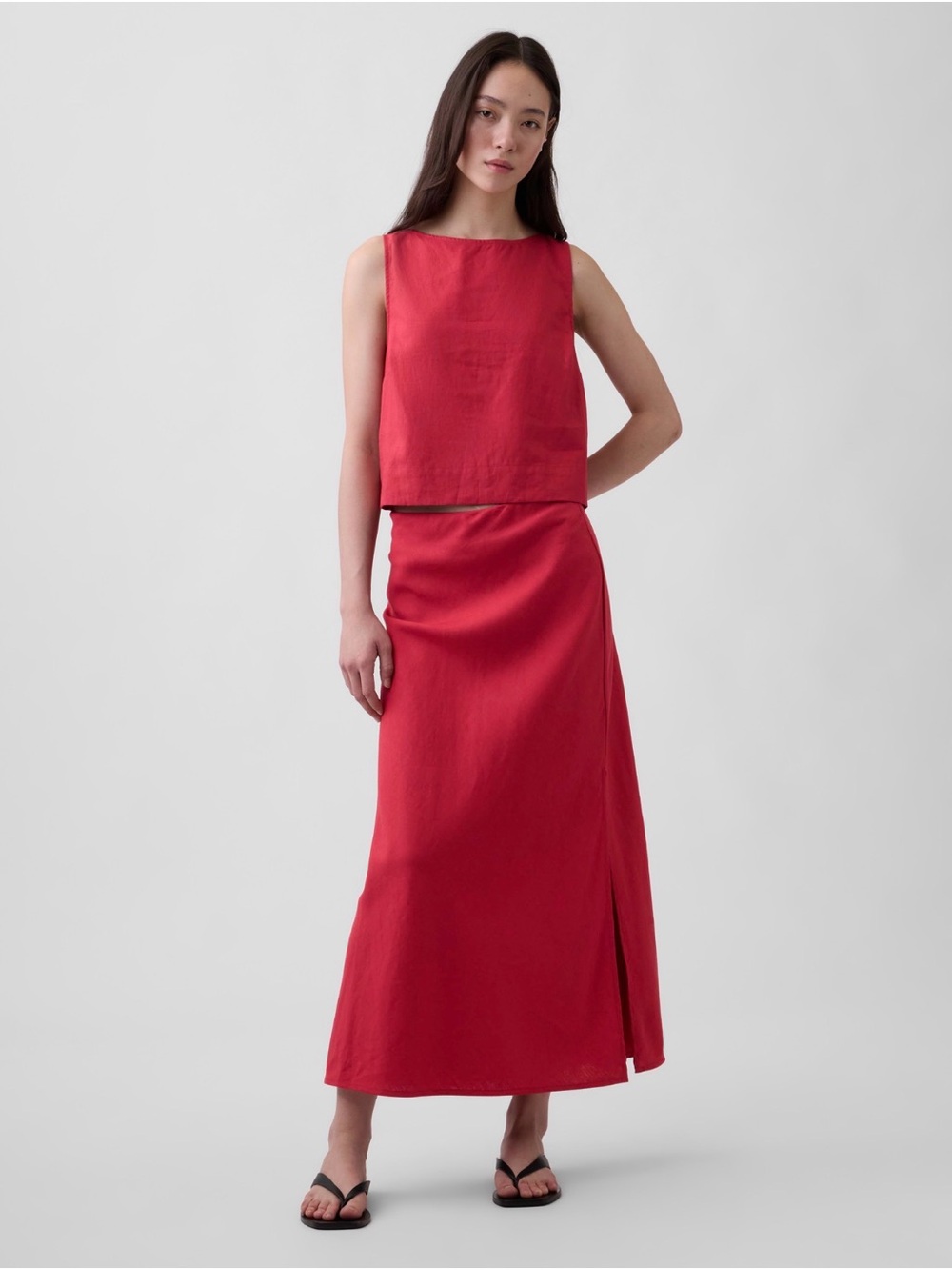 GAP - Linen Blend Maxi Skirt Slip & Button Back Cropped Tank Top (SET)